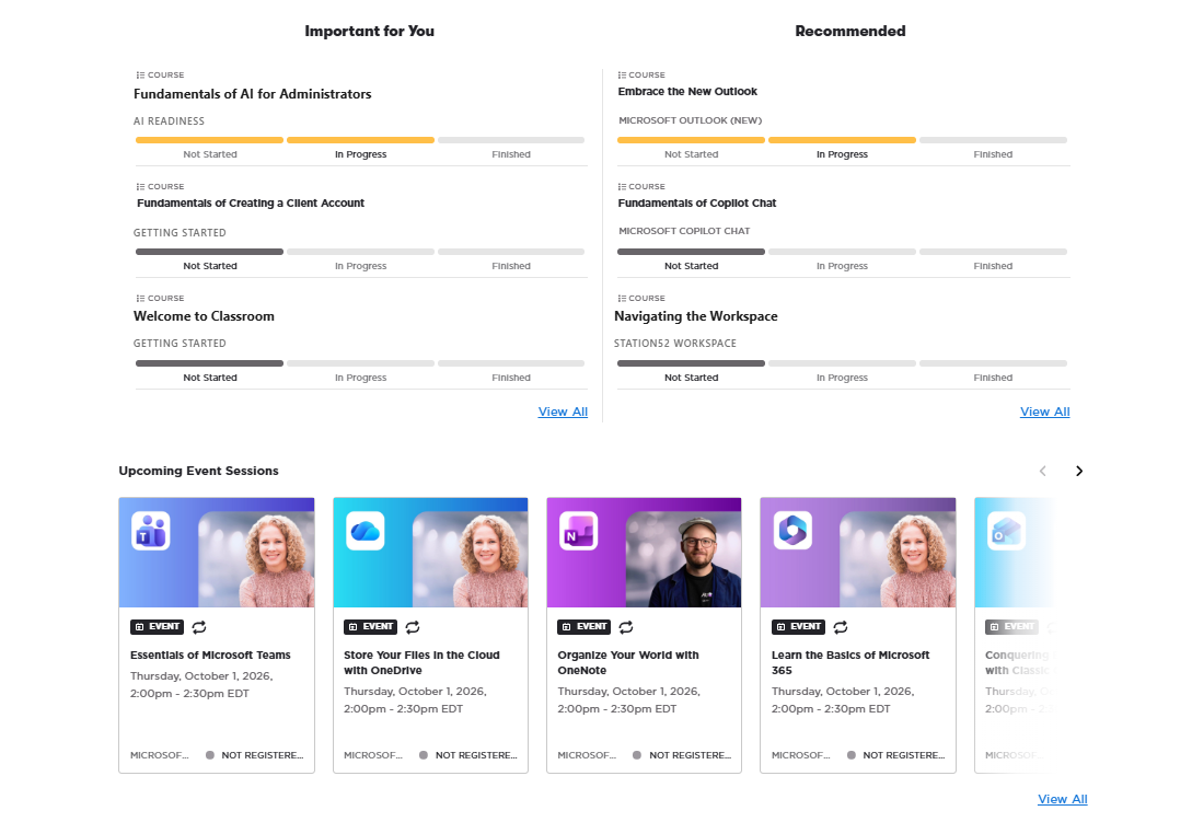 Station52 Classroom learning home with highlighted courses, progress bars, and upcoming live sessions