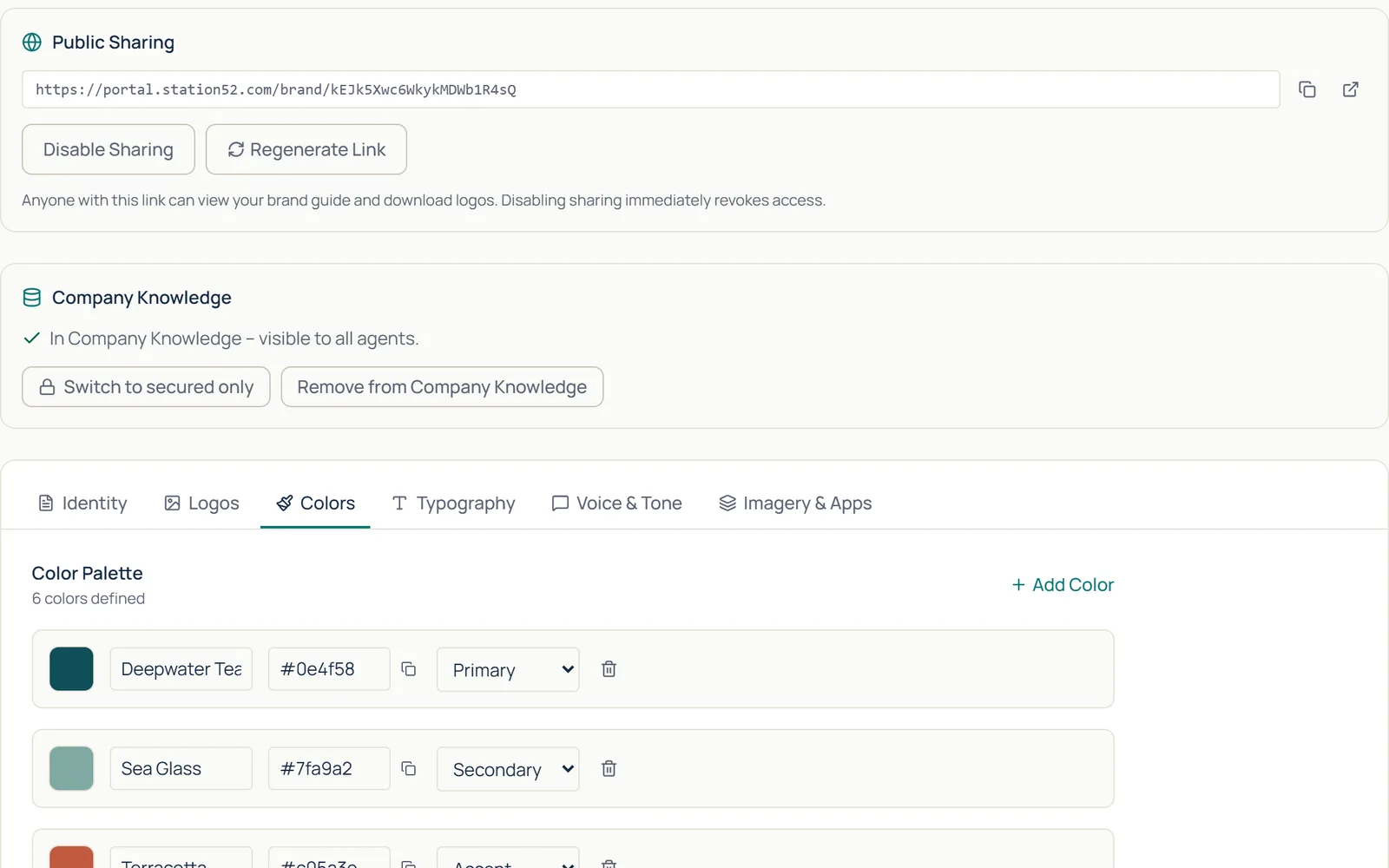 Published BrightPath brand guide with public sharing, company knowledge status, and its color palette
