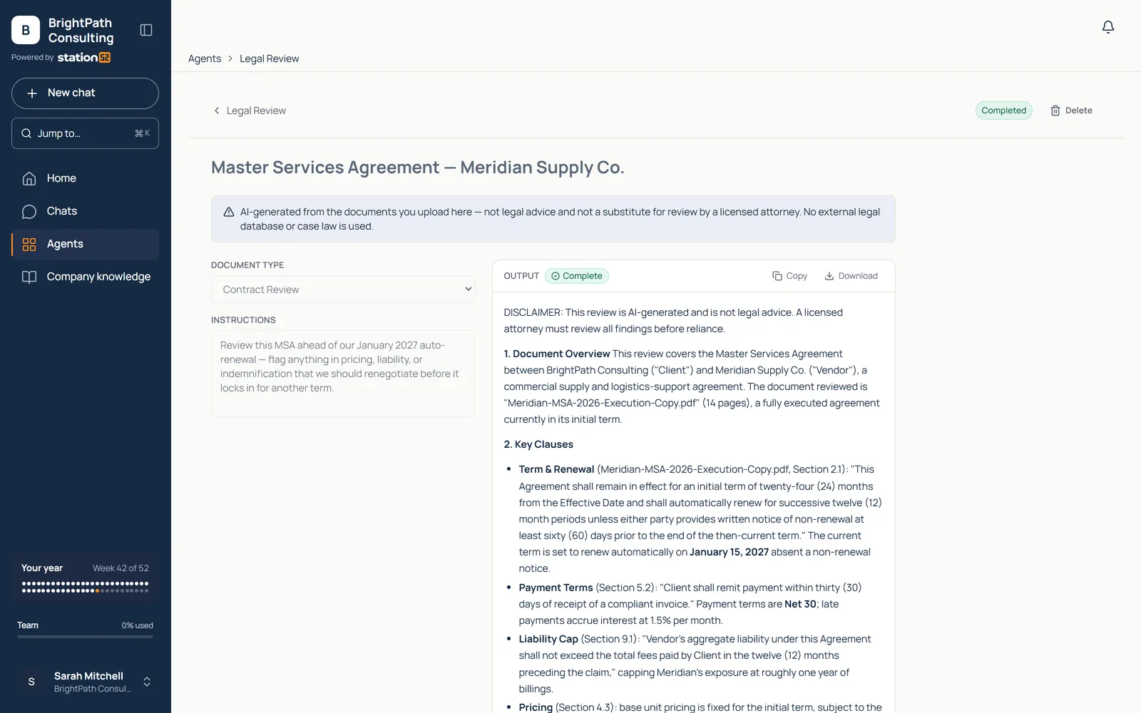 Legal Review of a master services agreement, with term and renewal, payment terms, and liability cap clauses