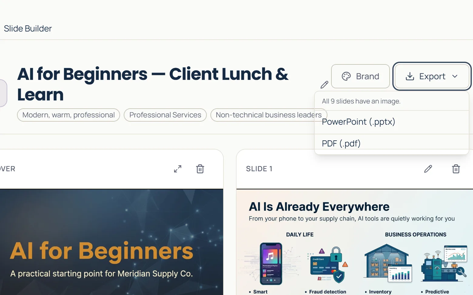 Slide Builder deck “AI for Beginners” with the Export menu open: all 9 slides have an image